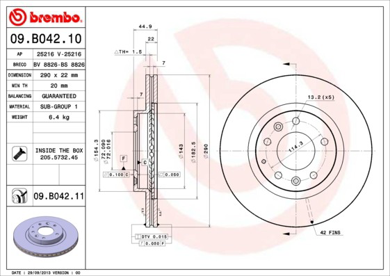 Передние тормозные диски 09B04211 Brembo