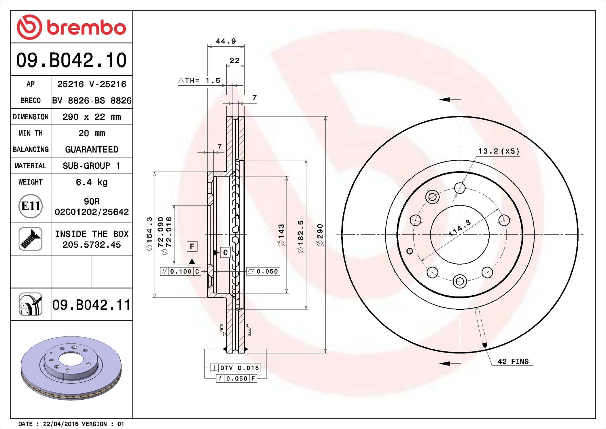 Тормоз дисковый передний Brembo 09B04211 цена, от 59.19 USD