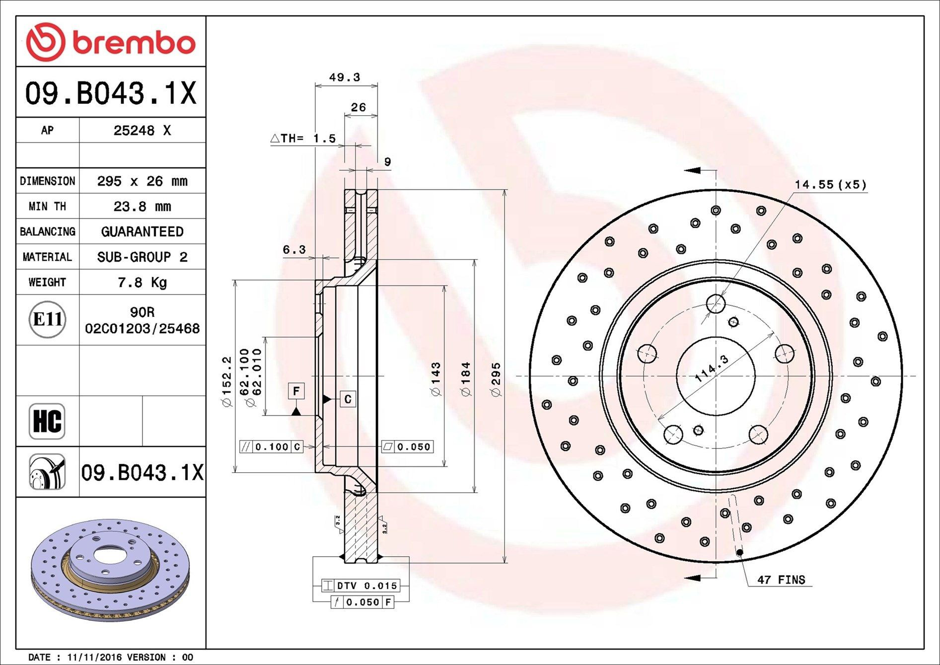 Тормоз дисковый передний Brembo 09B0431X цена, от 53.08 USD
