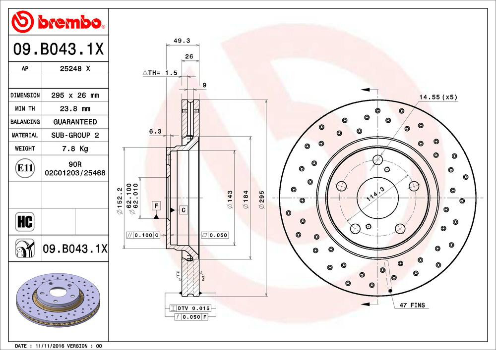 Передний тормозной диск Brembo 09B0431X