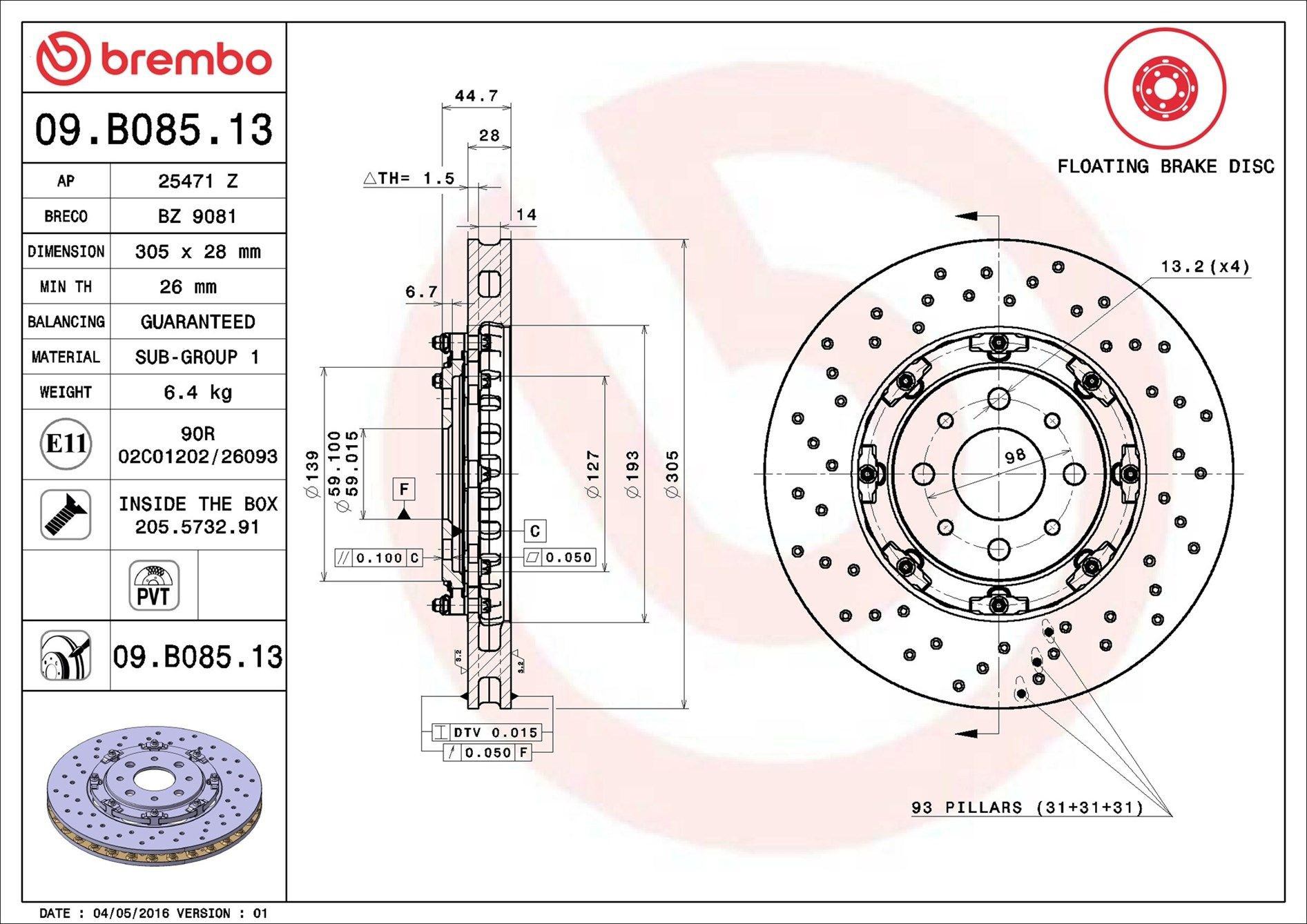 Передние тормозные диски 09B08513 Brembo