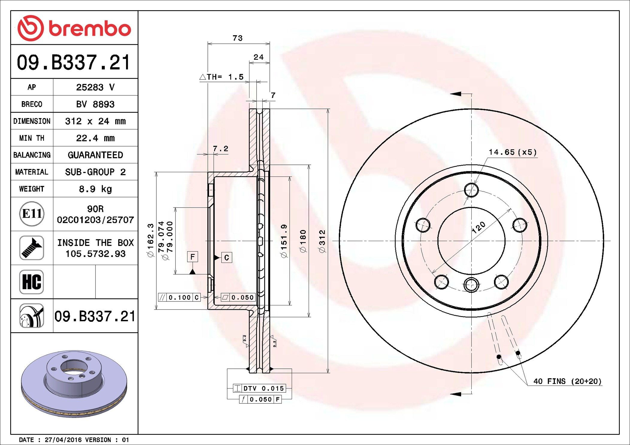 Тормоз дисковый передний Brembo 09B33721 цена, от 68.67 USD