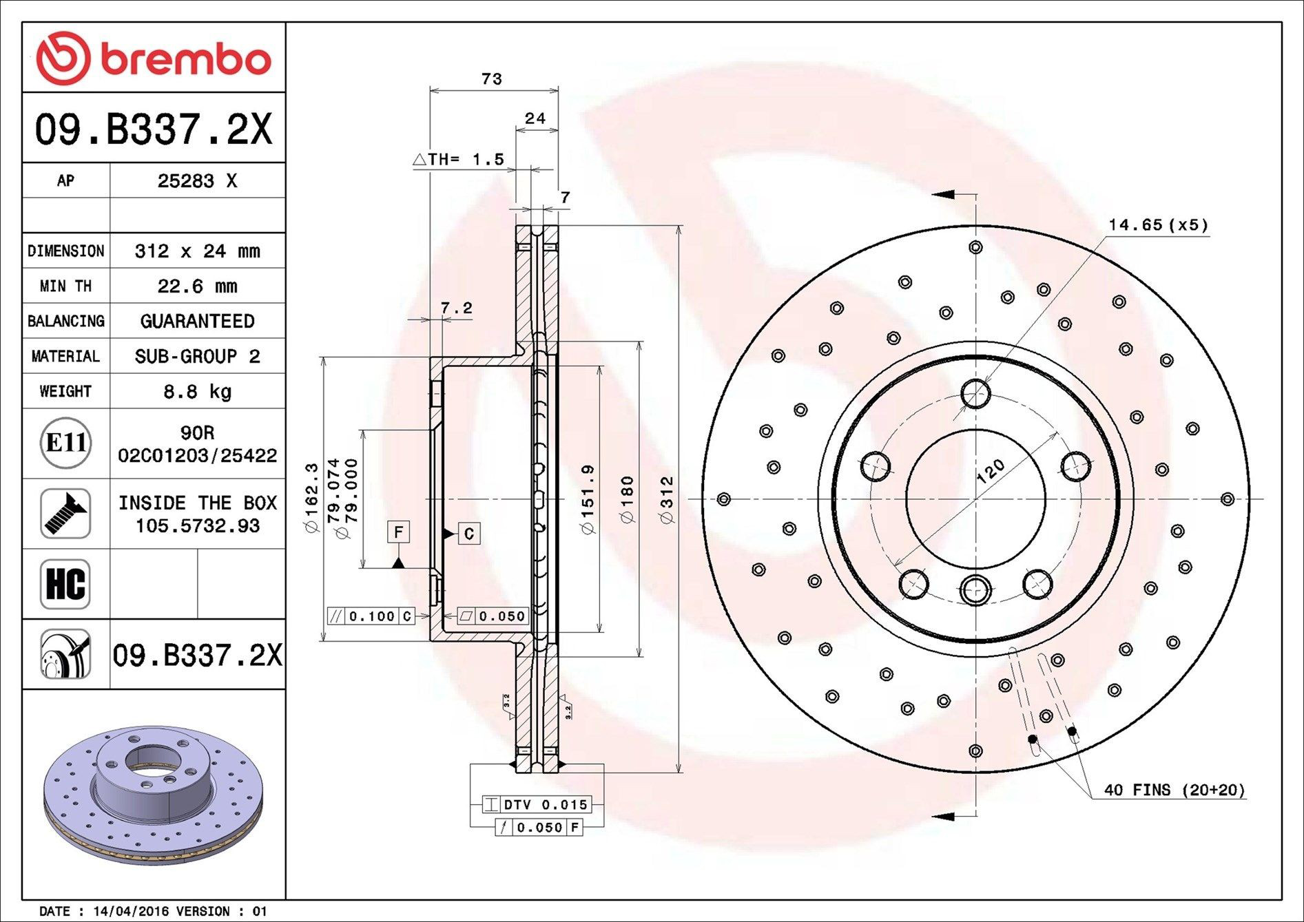 Тормоз дисковый передний Brembo 09B3372X цена, от 100.90 USD