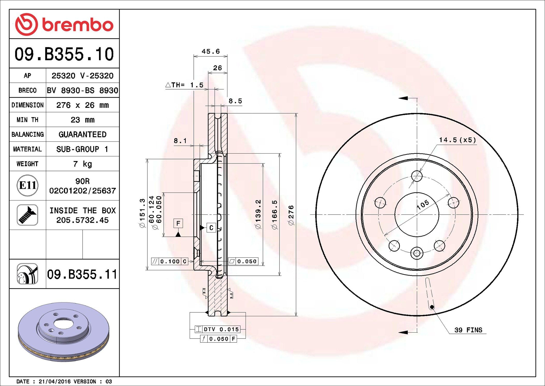 Передний тормозной диск Brembo 09B35511