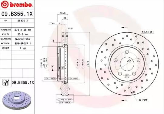 Тормоз дисковый передний Brembo 09B3551X цена, от 49.83 USD