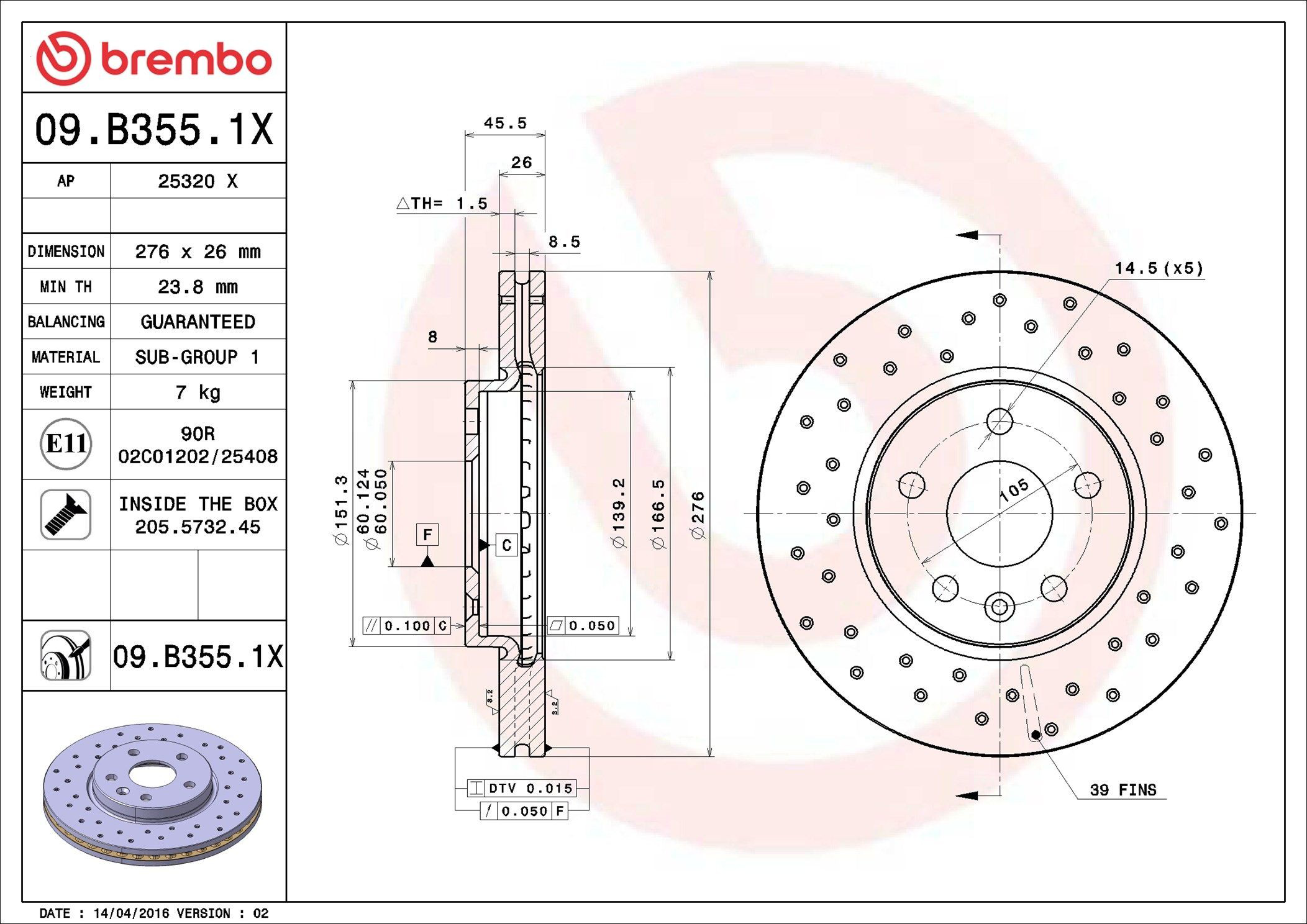 Купить 09B3551X Brembo Ротор тормозной