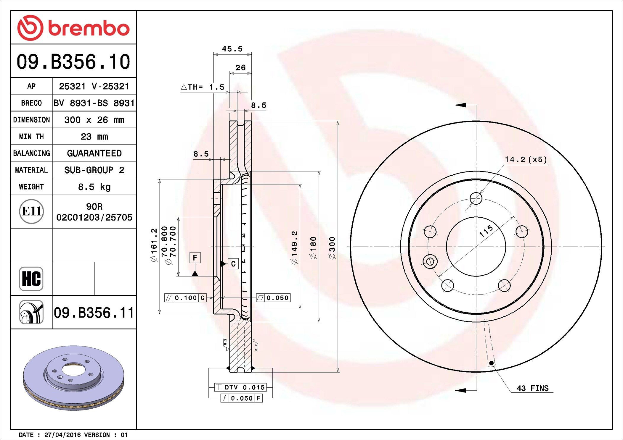 Тормоз дисковый передний Brembo 09B35611 цена, от 72.26 USD