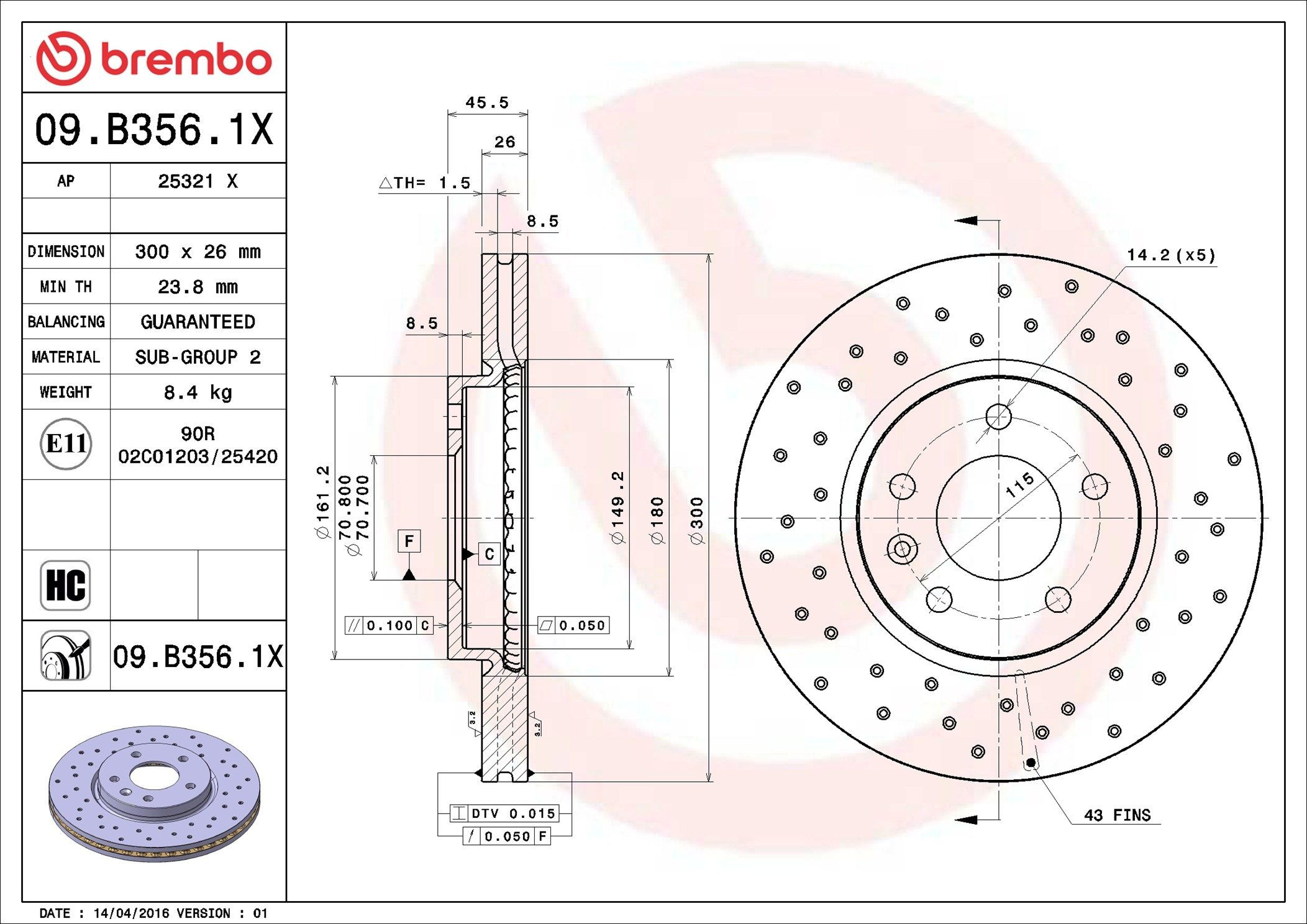 Тормоз дисковый передний Brembo 09B3561X цена, от 69.12 USD