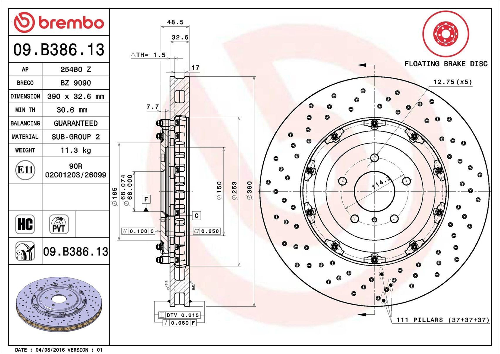 Купить 09B38613 Brembo Ротор тормозной