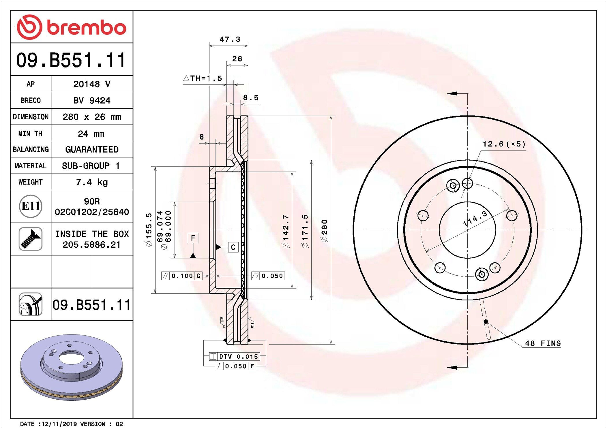 Тормоз дисковый передний Brembo 09B55111 цена, от 47.88 USD