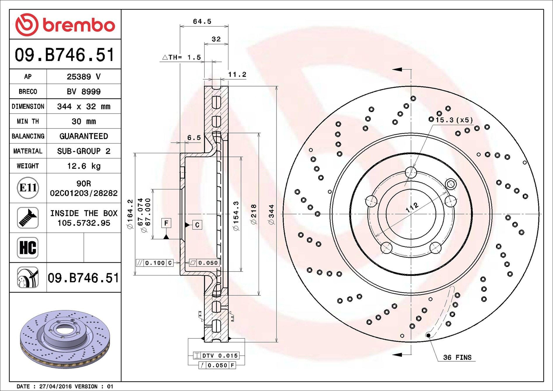 09B74651 Brembo Диск тормозной передний
