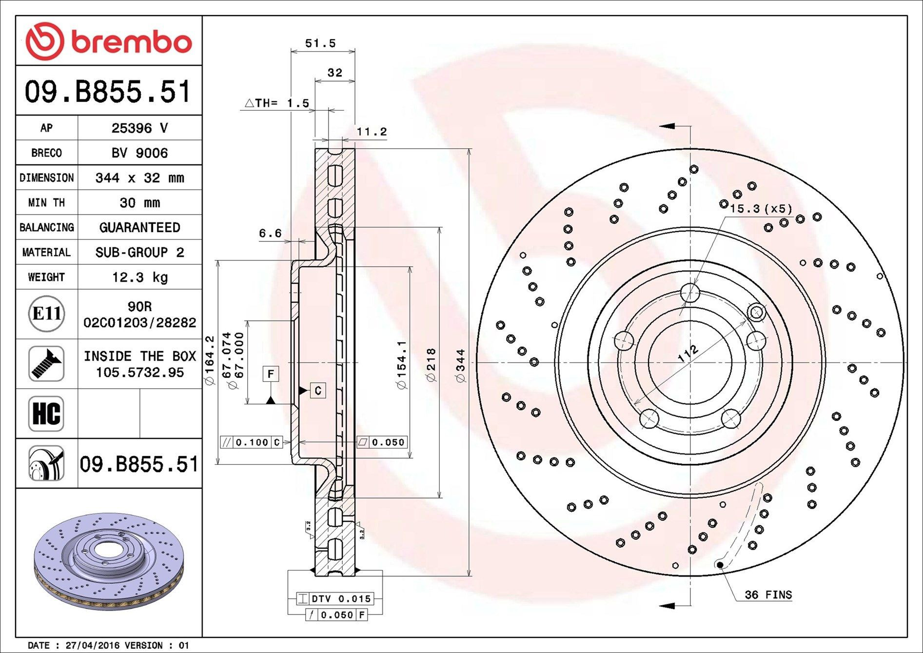Тормоз дисковый передний Brembo 09B85551 цена, от 107.24 USD