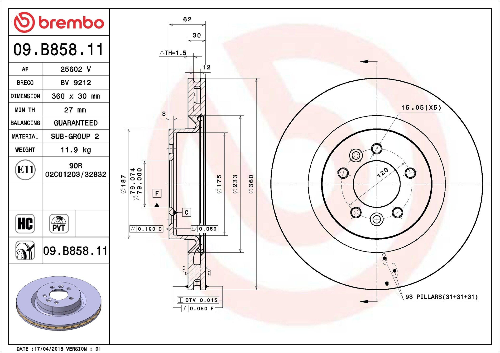 Тормоз дисковый передний Brembo 09B85811 цена, от 108.13 USD