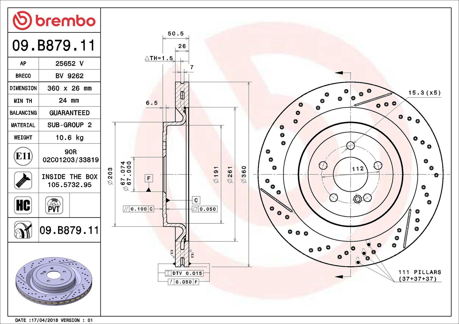 Передние тормозные диски 09B87911 Brembo