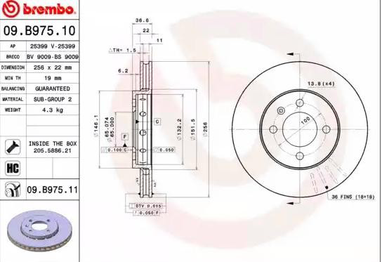09B97511 Brembo Диск тормозной передний