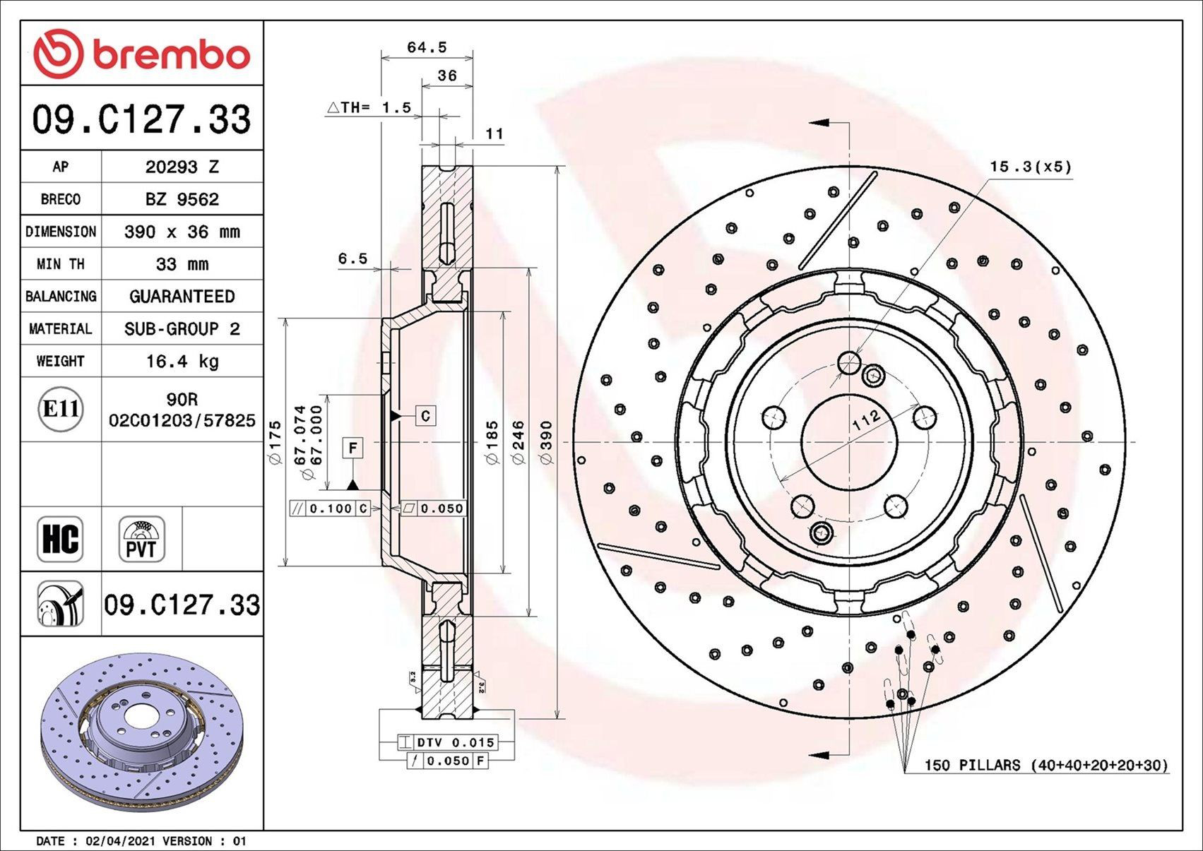 Тормоз дисковый передний Brembo 09C12733 цена, от 1089.04 USD