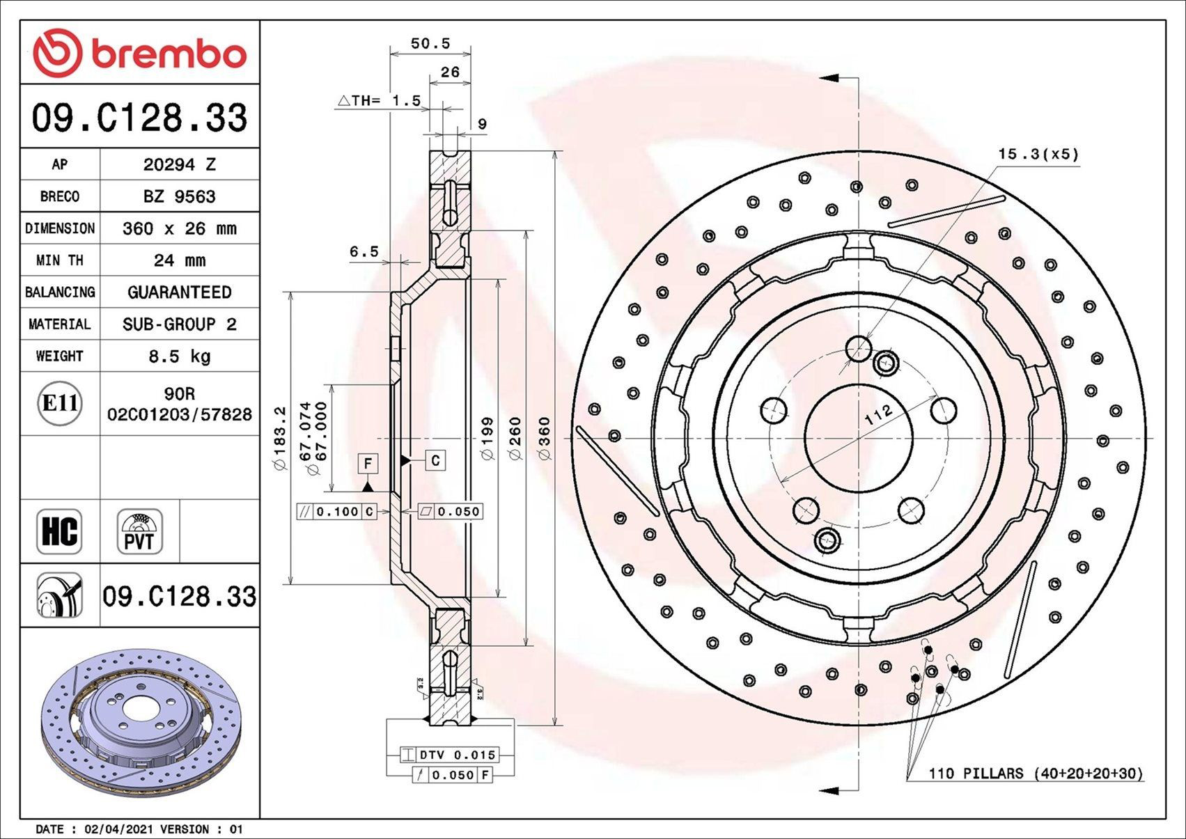 Задний тормозной диск Brembo 09C12833 цена, от 1073.26 USD