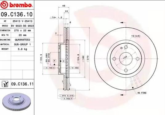 09C13611 Brembo Диск тормозной передний
