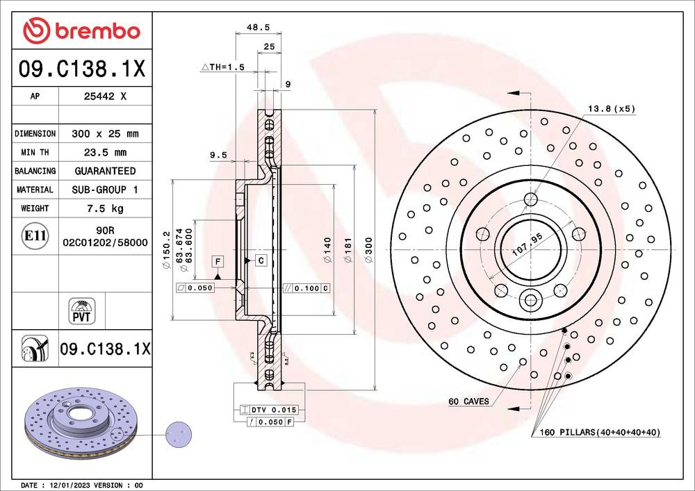 Передний тормозной диск Brembo 09C1381X