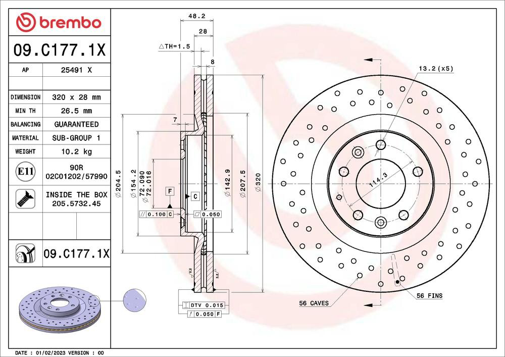 Передние тормозные диски 09C1771X Brembo