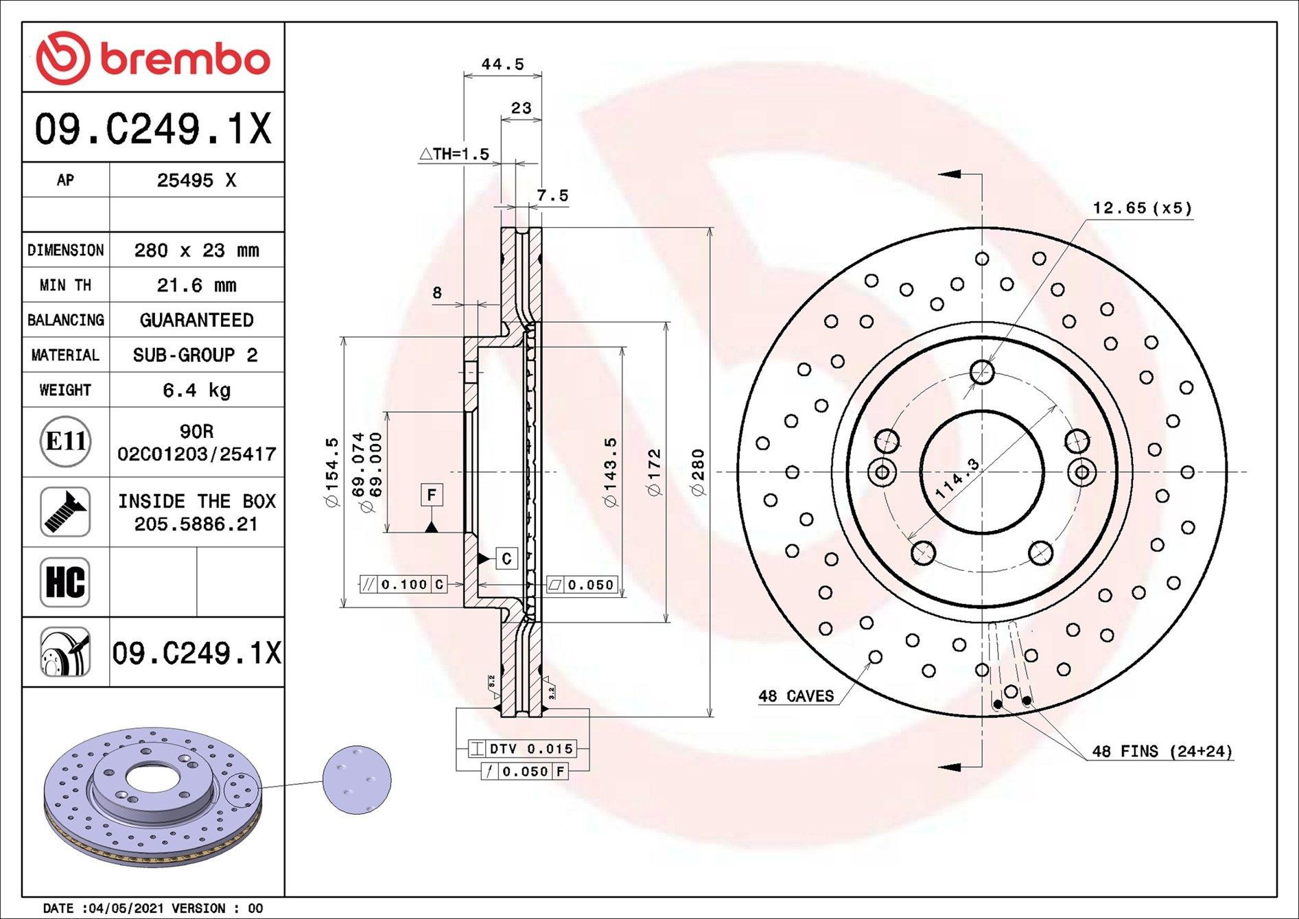 Тормоз дисковый передний Brembo 09C2491X цена, от 33.25 USD