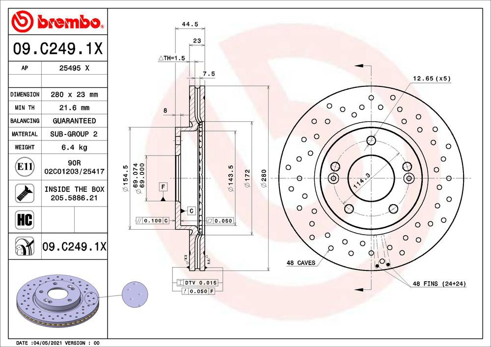 Передние тормозные диски 09C2491X Brembo