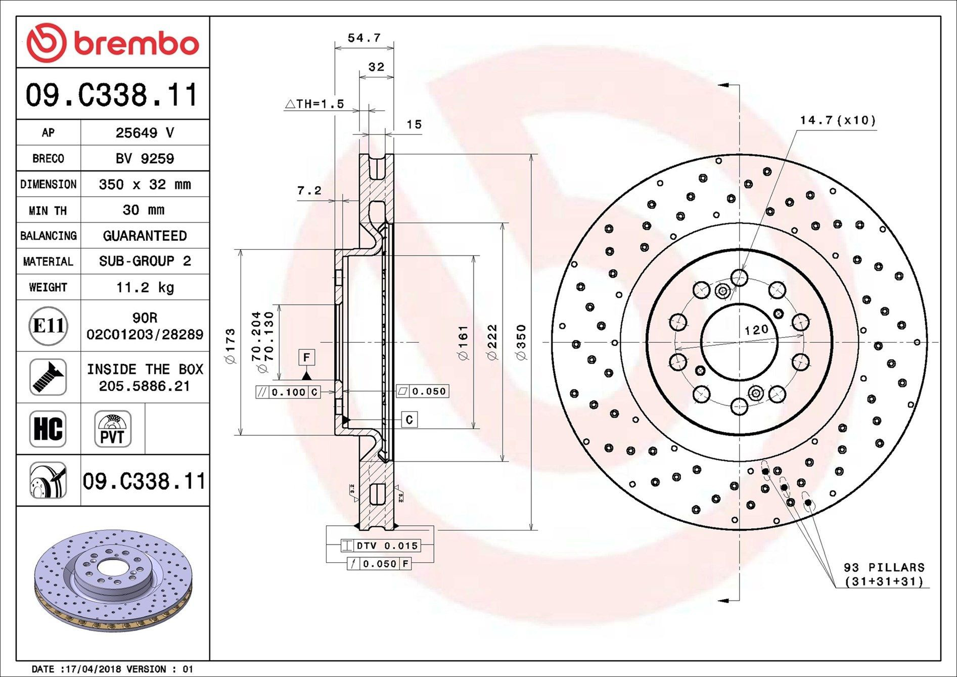 Тормоз дисковый передний Brembo 09C33811 цена, от 113.05 USD