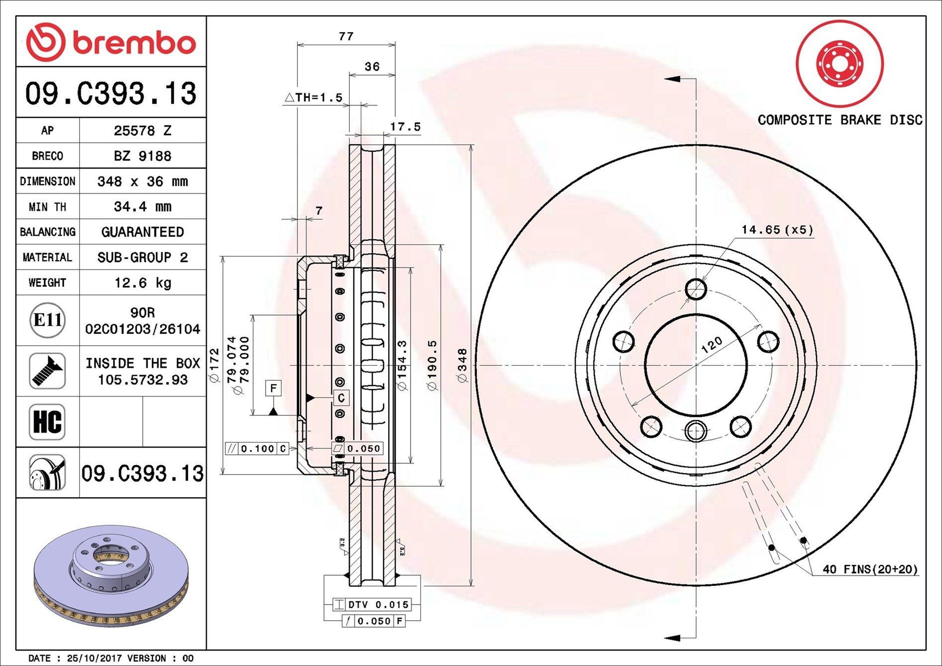 Тормоз дисковый передний Brembo 09C39313 цена, от 109.47 USD