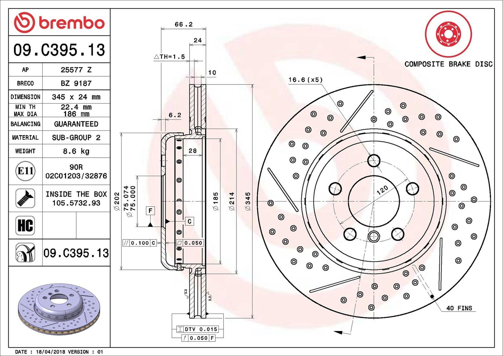 Задний тормозной диск Brembo 09C39513 цена, от 180.97 USD