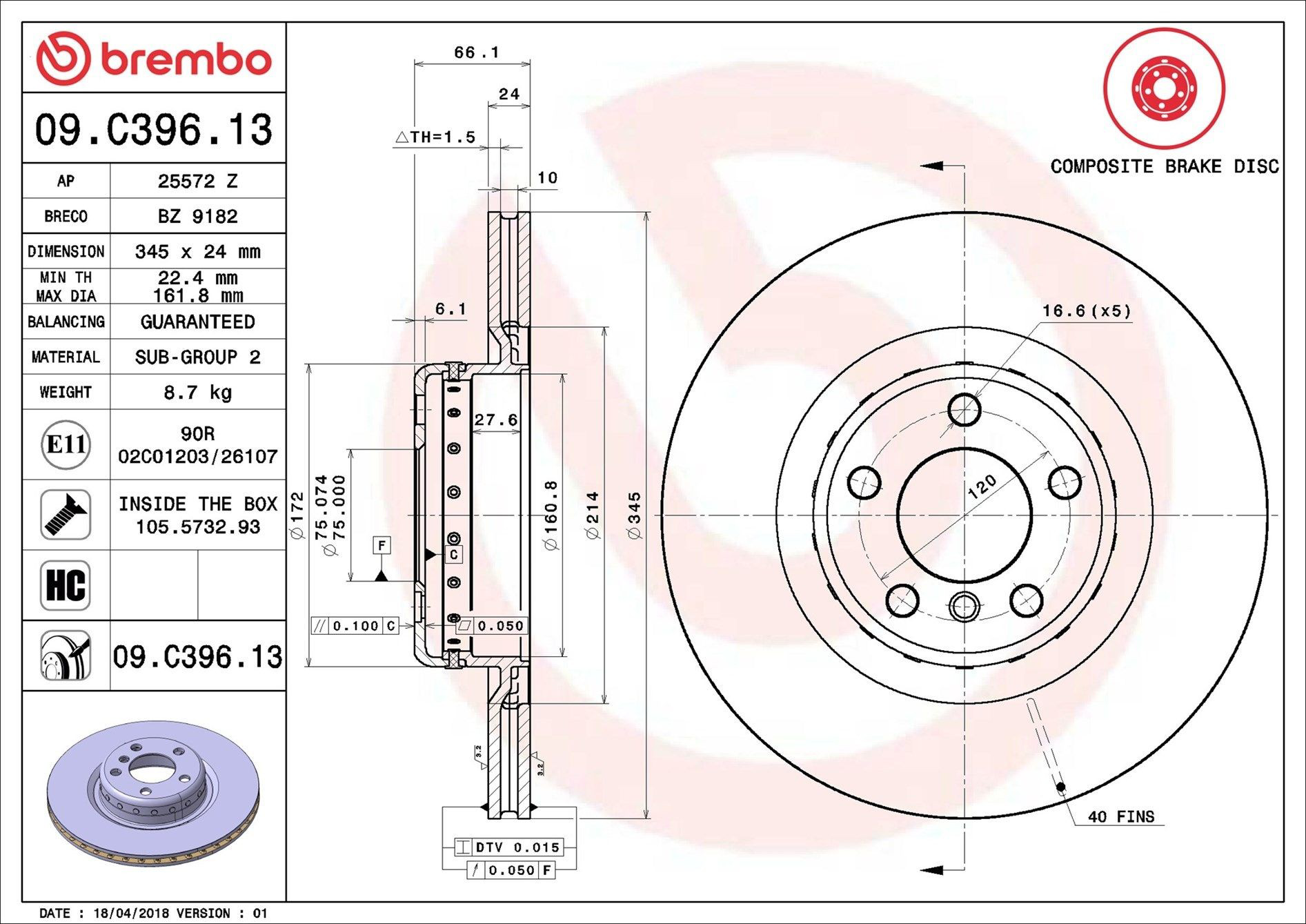 Задний тормозной диск Brembo 09C39613 цена, от 166.11 USD