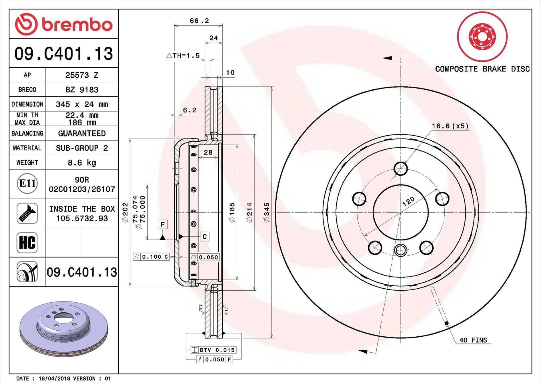 Задний тормозной диск Brembo 09C40113 цена, от 147.63 USD