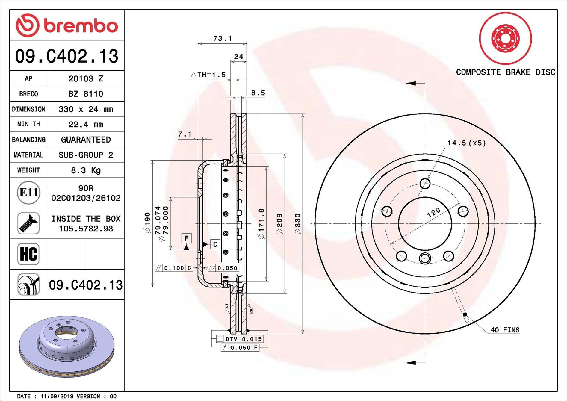 Купить 09C40213 Brembo Ротор тормозной