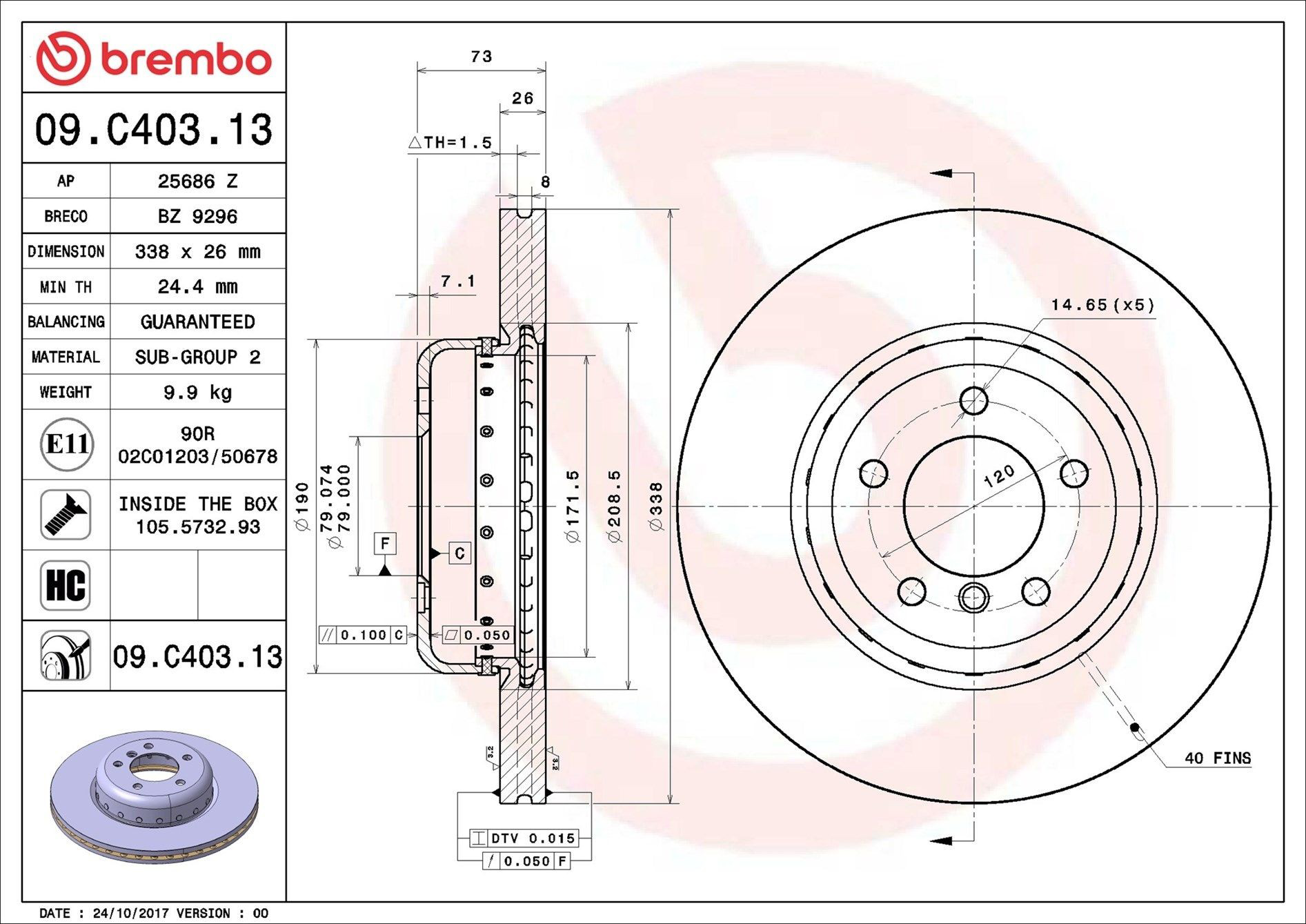 Тормоз дисковый передний Brembo 09C40313 цена, от 82.41 USD