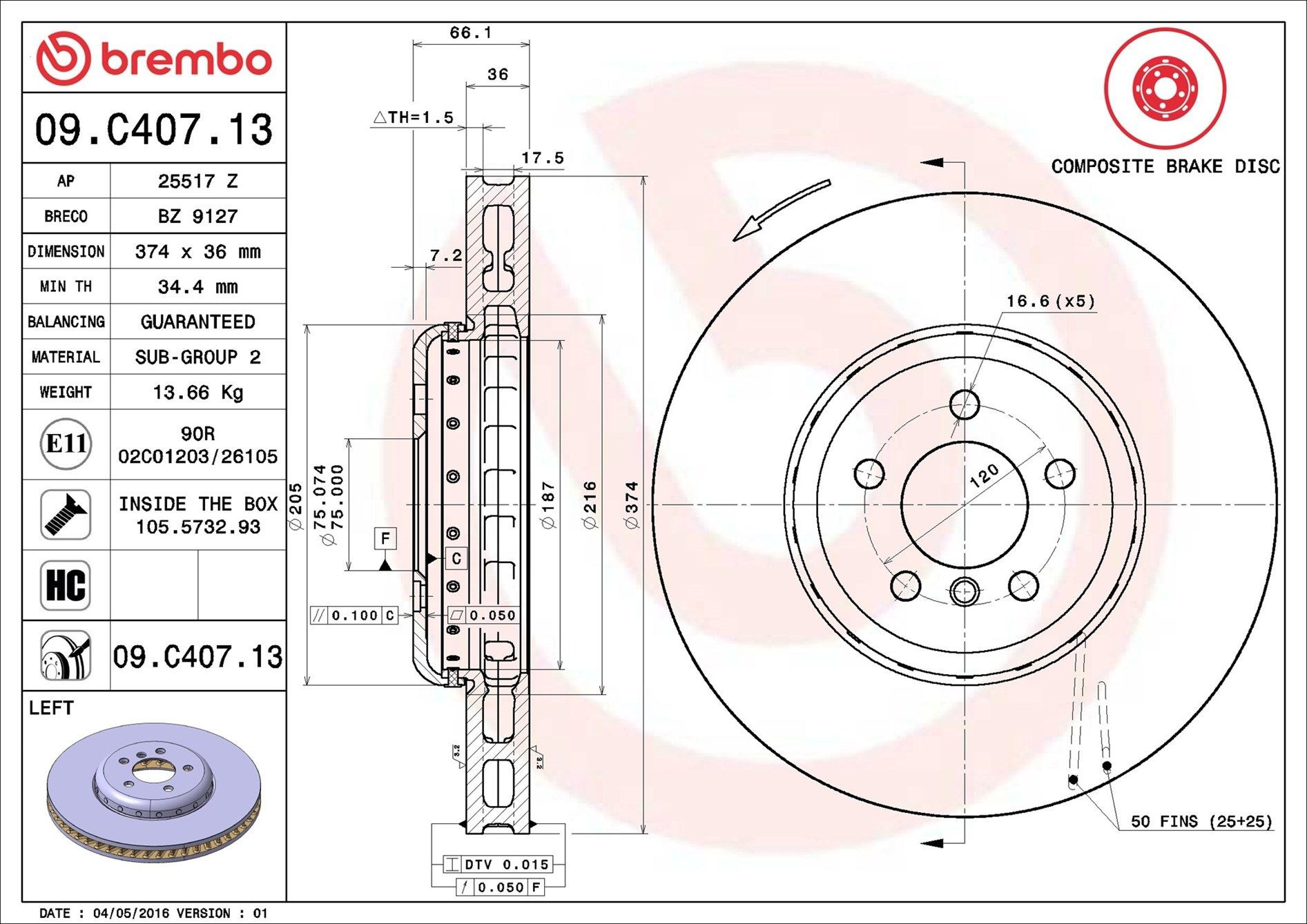 Тормоз дисковый передний Brembo 09C40713 цена, от 223.31 USD