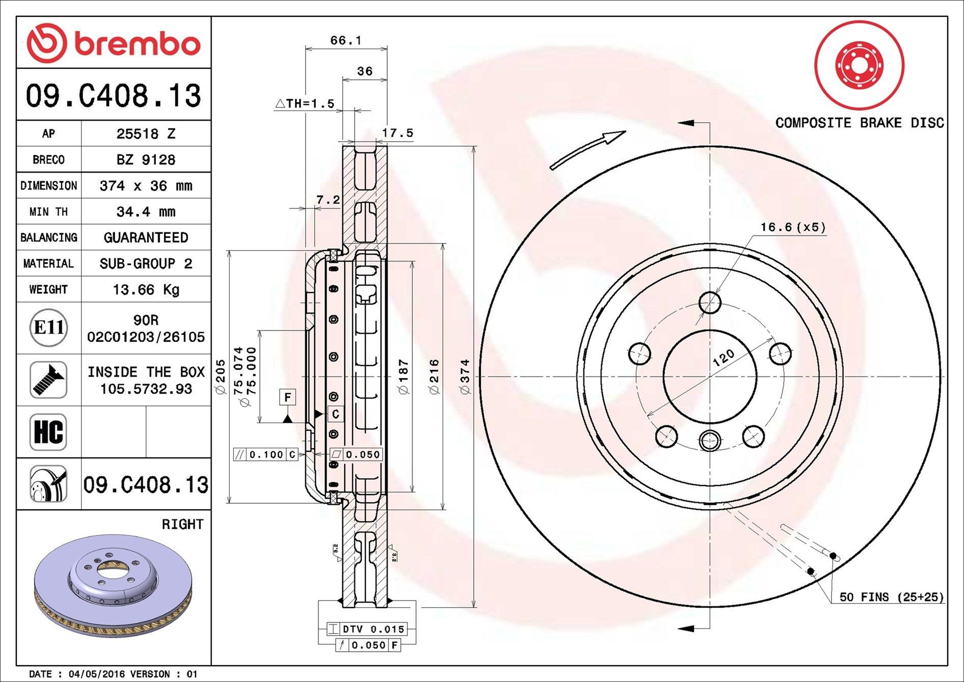 Тормоз дисковый передний Brembo 09C40813 цена, от 173.09 USD