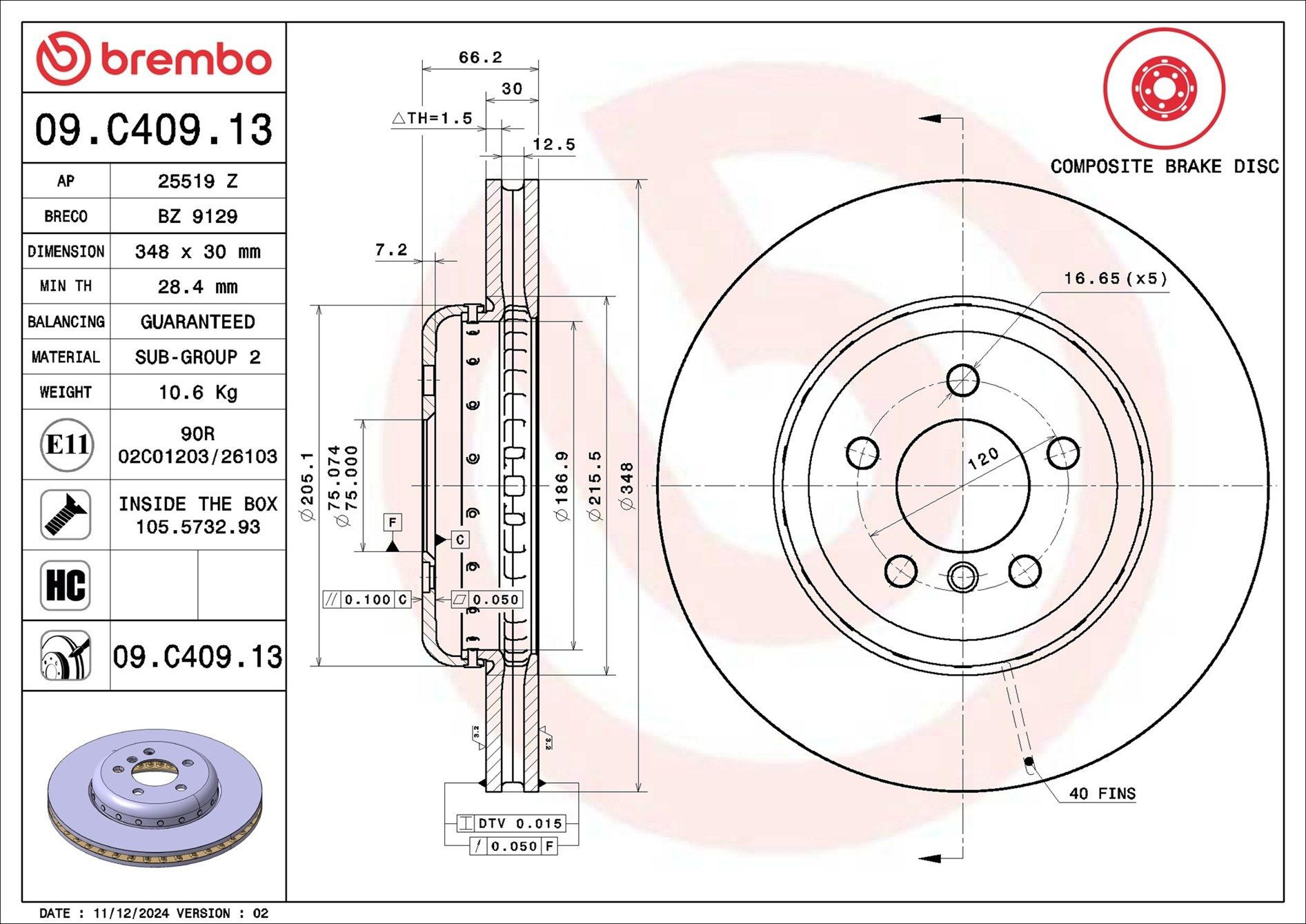 Тормоз дисковый передний Brembo 09C40913 цена, от 188.94 USD