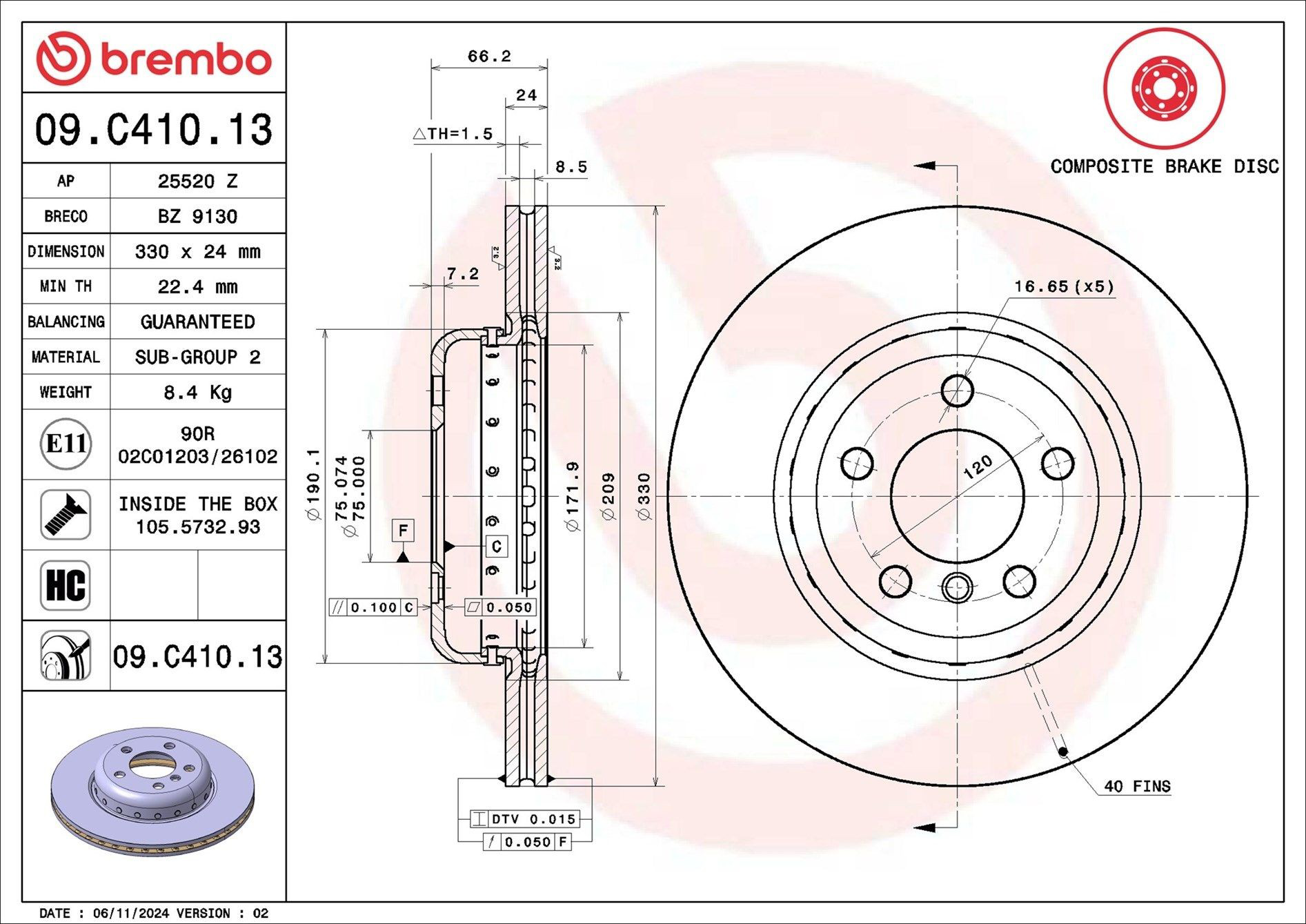 Тормоз дисковый передний Brembo 09C41013 цена, от 170.25 USD