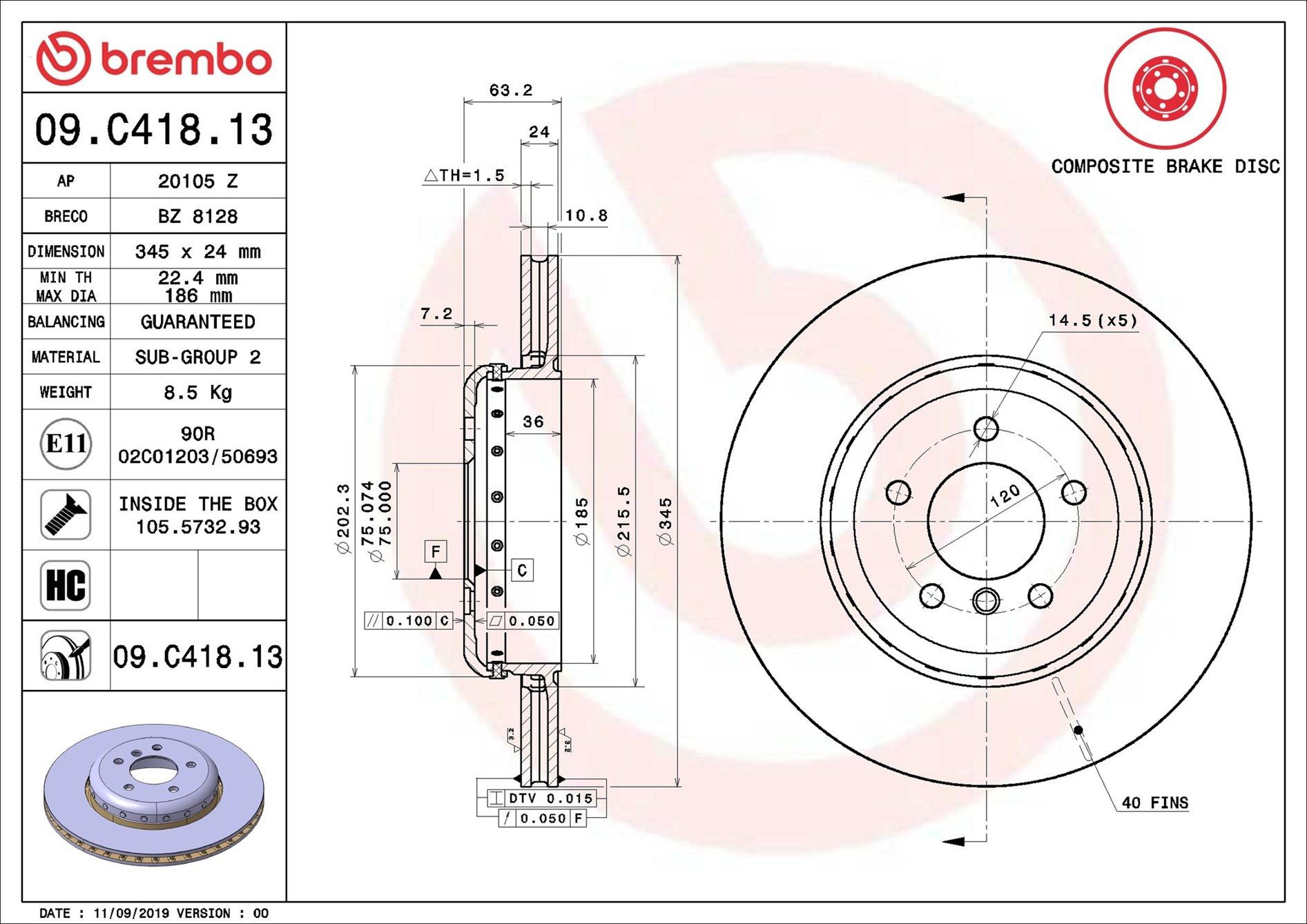 Задний тормозной диск Brembo 09C41813 цена, от 174.84 USD