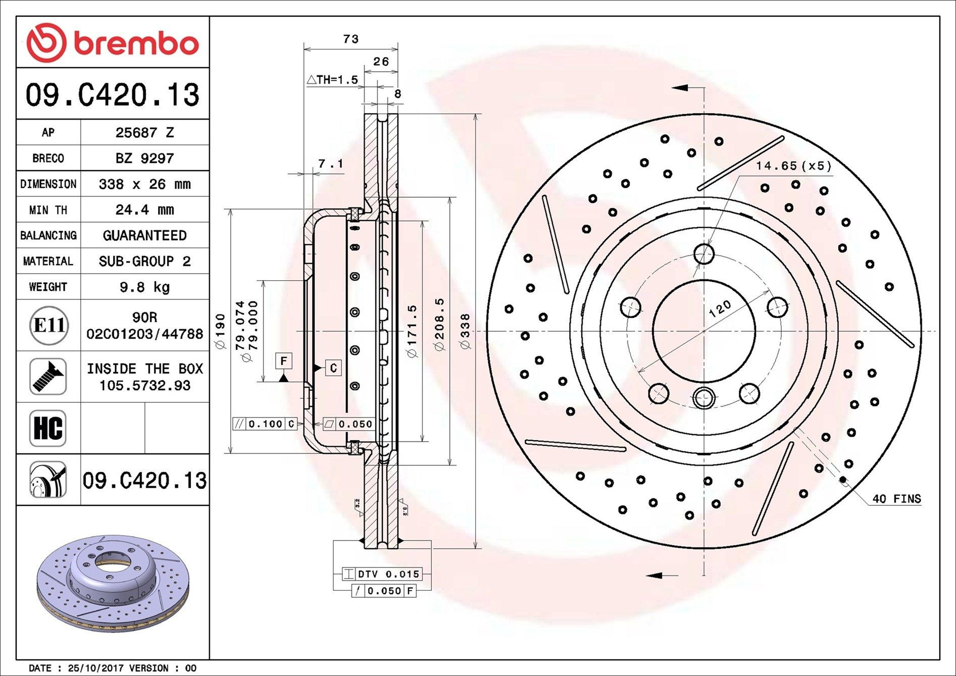 Передние тормозные диски 09C42013 Brembo