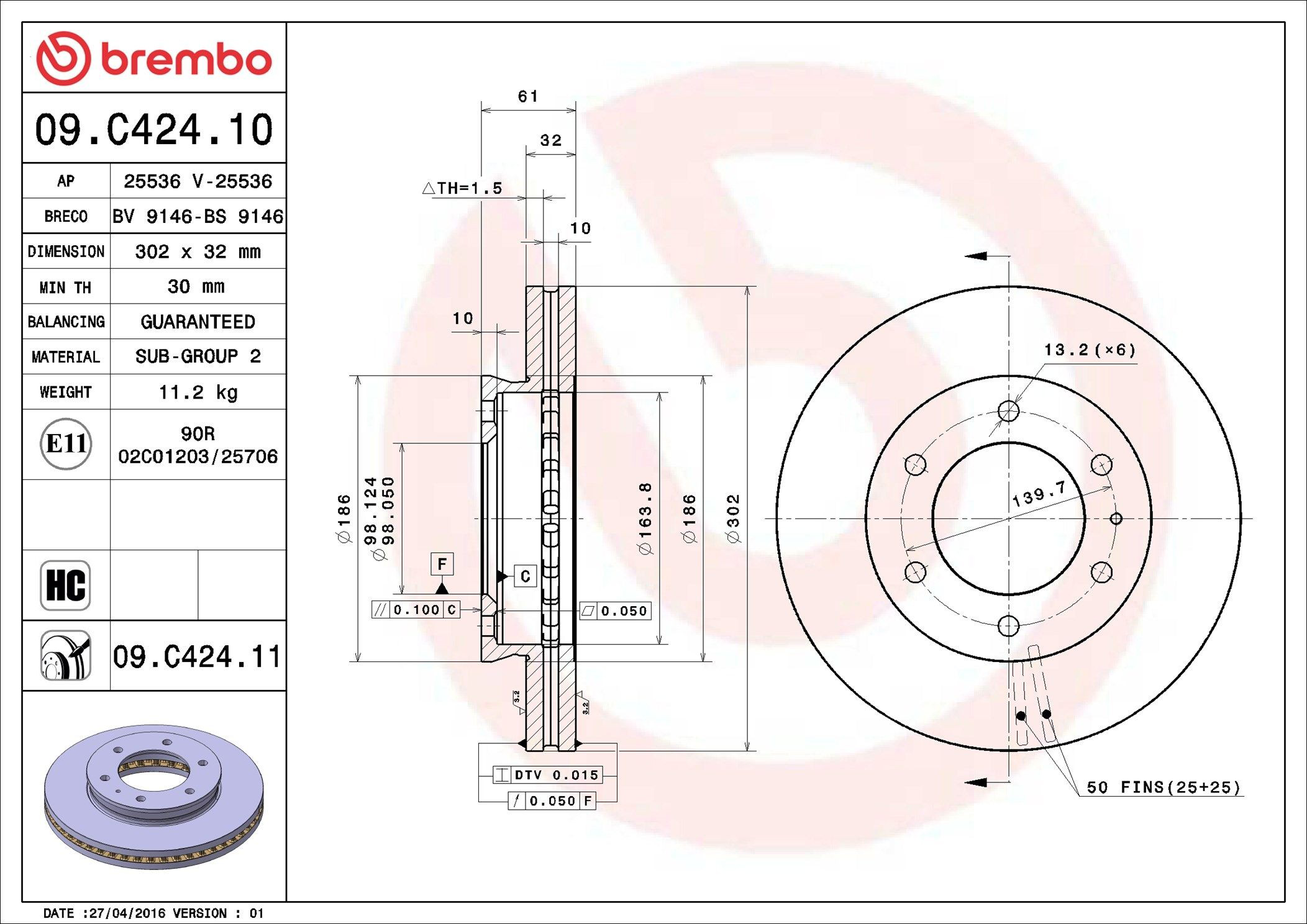 Тормоз дисковый передний Brembo 09C42411 цена, от 78.64 USD