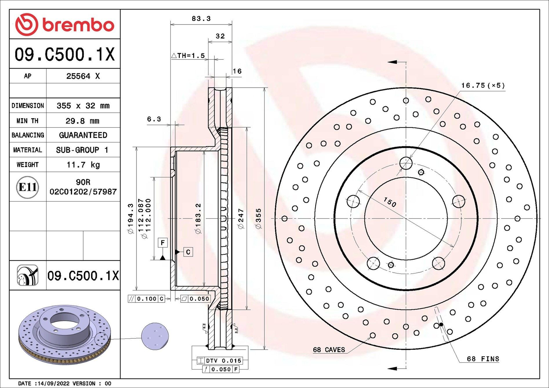 Передние тормозные диски 09C5001X Brembo