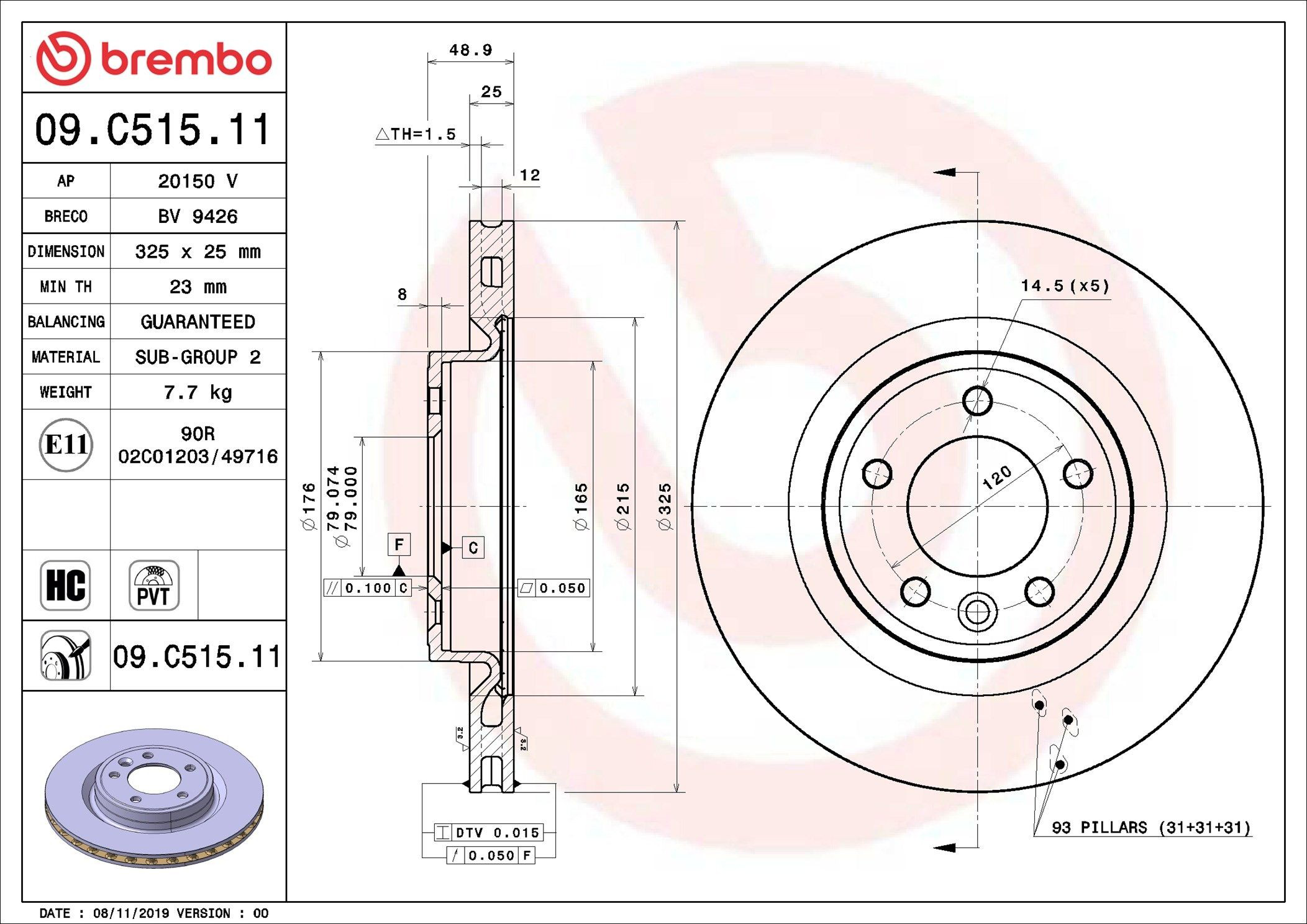 Задний тормозной диск Brembo 09C51511 цена, от 103.61 USD