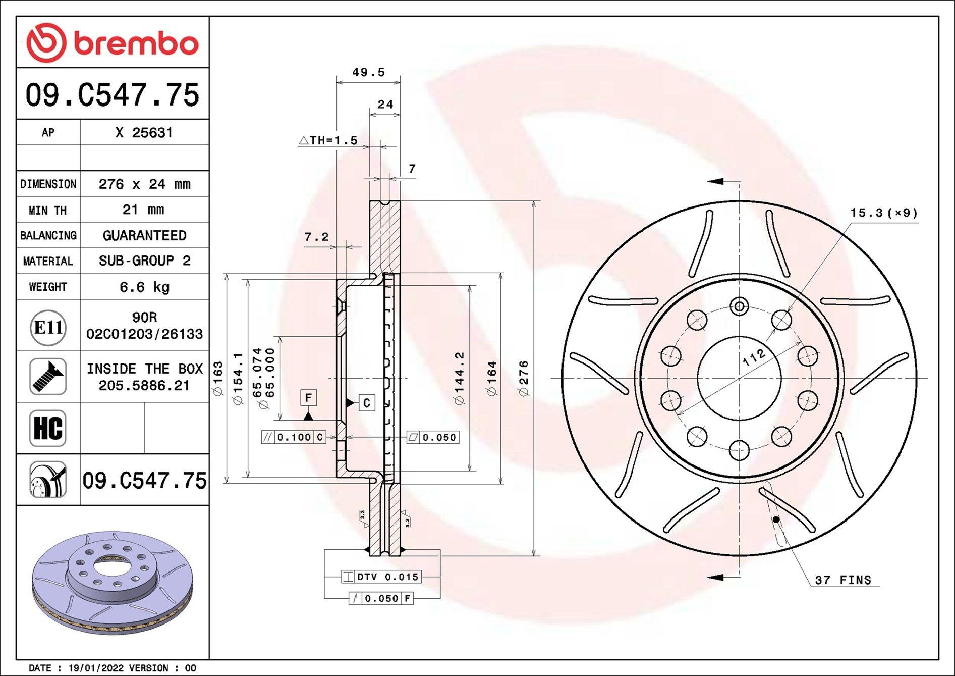 09C54775 Brembo Диск тормозной передний