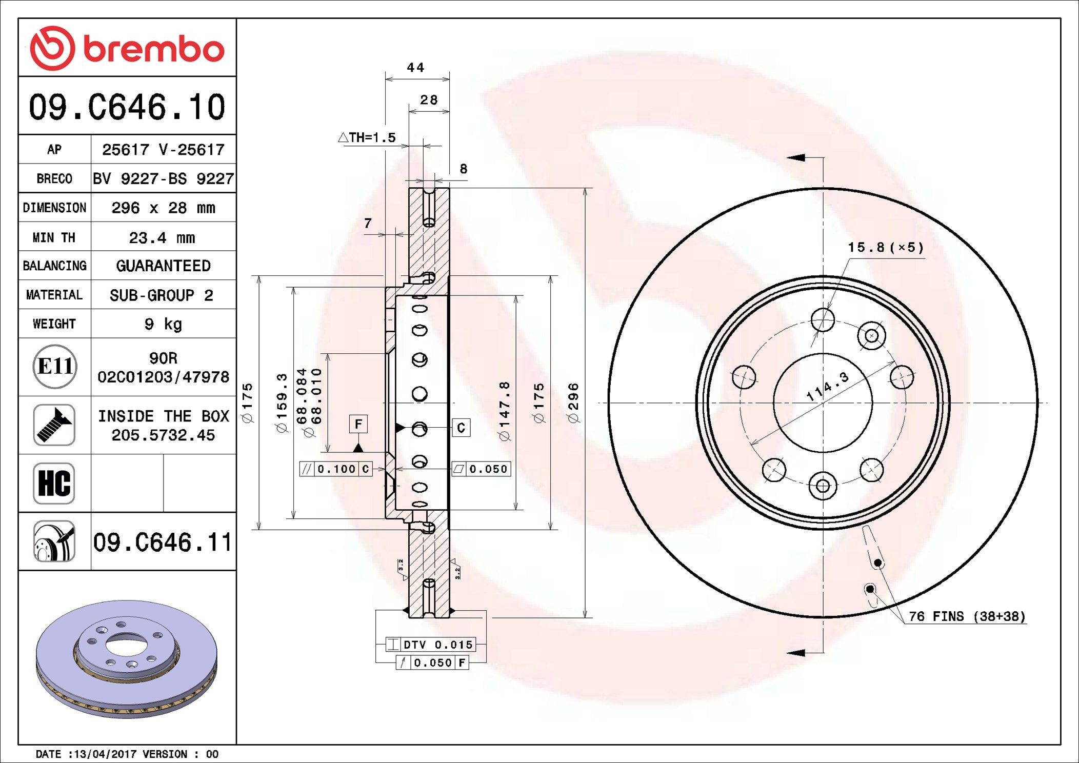 09C64611 Brembo Диск тормозной передний