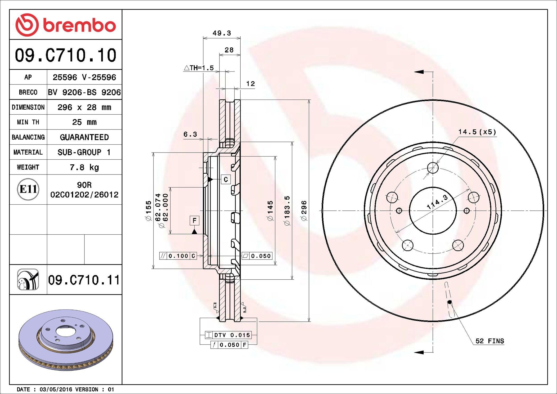 Тормоз дисковый передний Brembo 09C71011 цена, от 55.08 USD