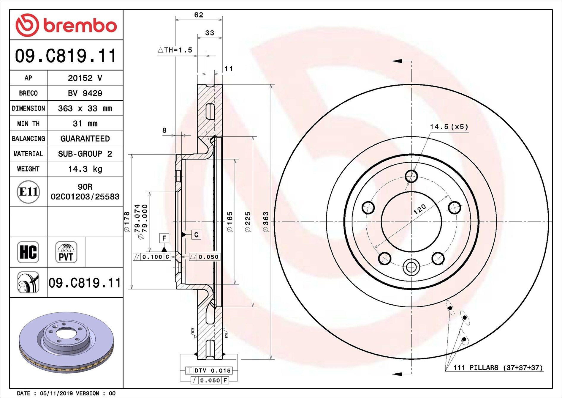 Тормоз дисковый передний Brembo 09C81911 цена, от 102.17 USD