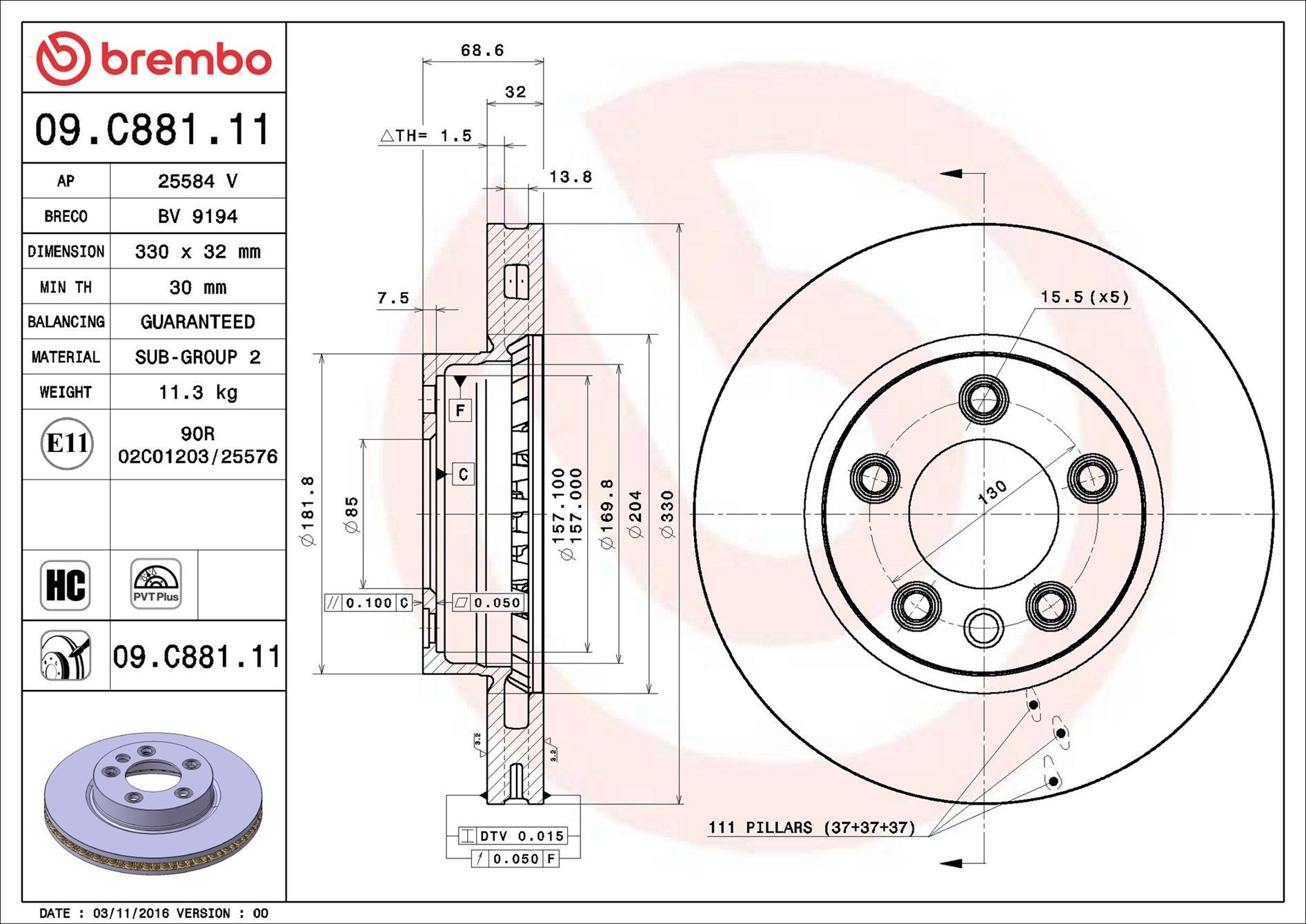 Тормоз дисковый передний Brembo 09C88111 цена, от 88.41 USD