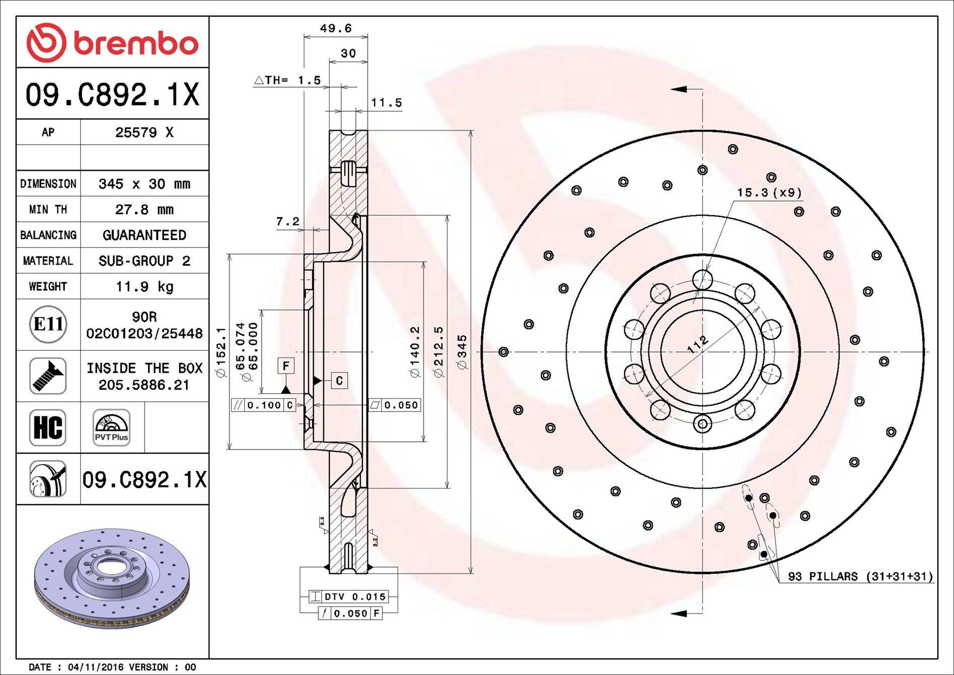 09C8921X Brembo Диск тормозной передний