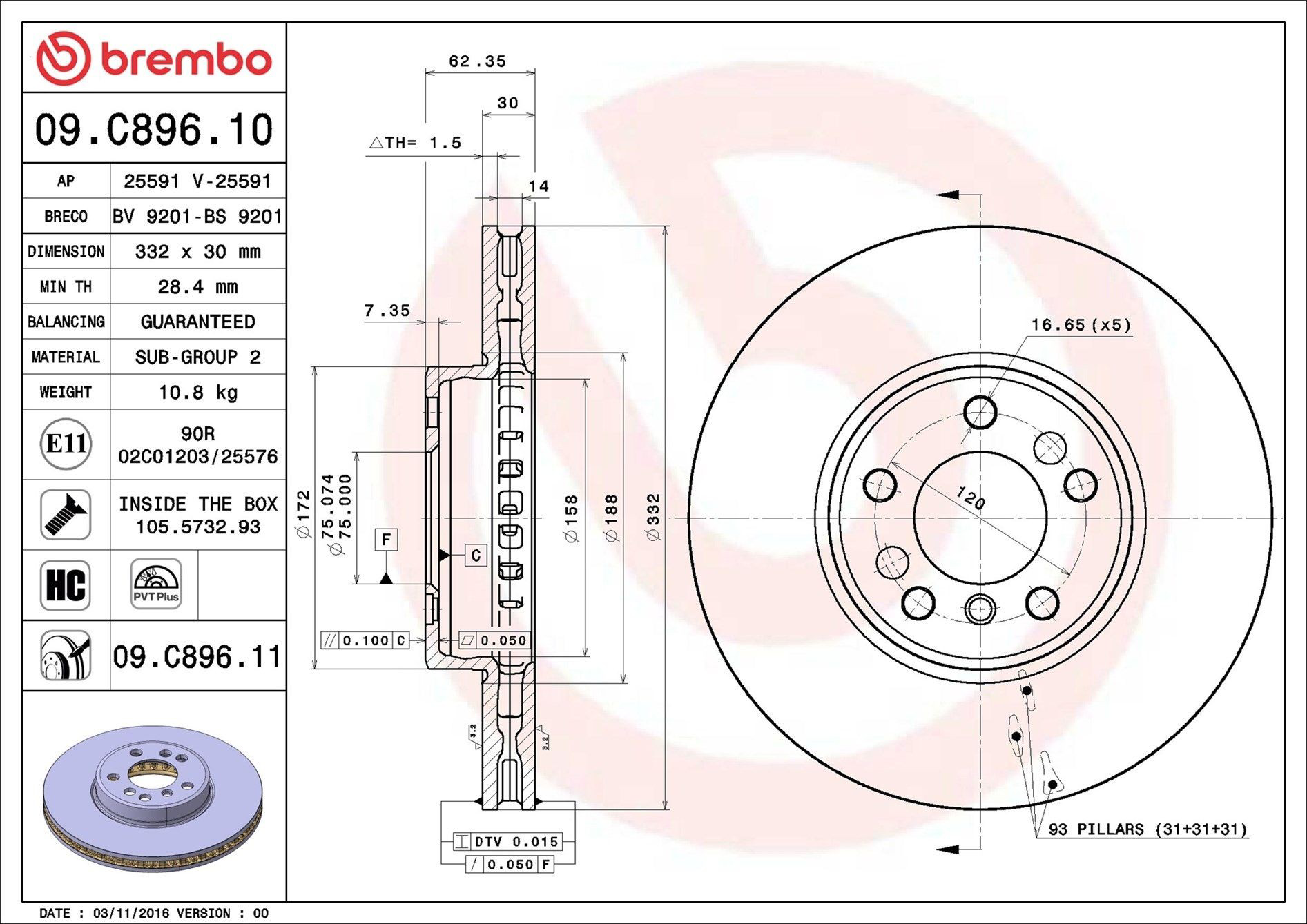09C89611 Brembo Диск тормозной передний