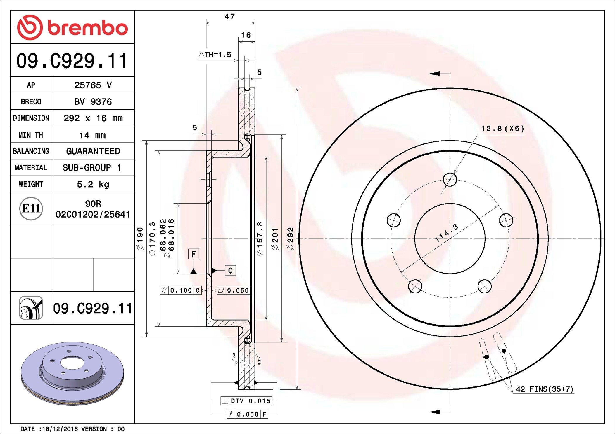 Тормозные диски 09C92911 Brembo